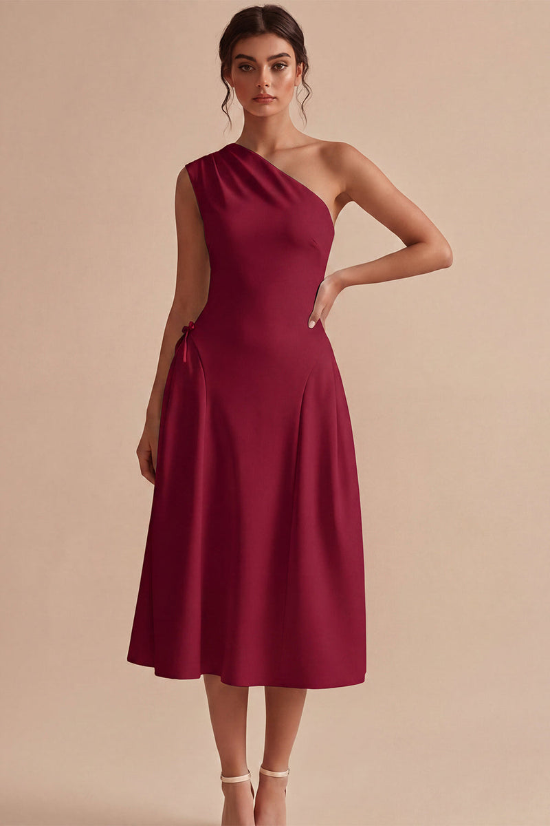 Load image into Gallery viewer, White One Shoulder A-Line Midi Engagement Dress with Bow