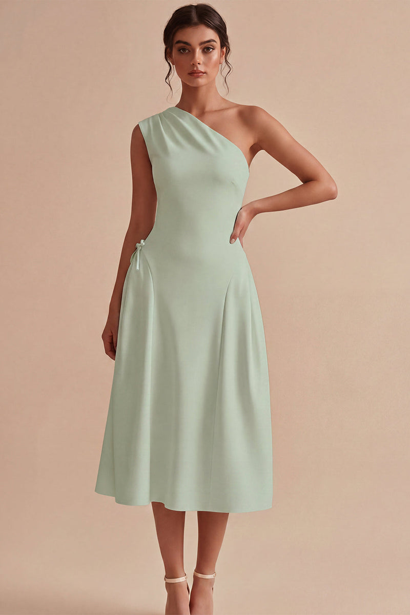 Load image into Gallery viewer, White One Shoulder A-Line Midi Engagement Dress with Bow