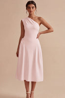 Load image into Gallery viewer, White One Shoulder A-Line Midi Engagement Dress with Bow