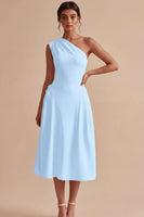 Load image into Gallery viewer, White One Shoulder A-Line Midi Engagement Dress with Bow