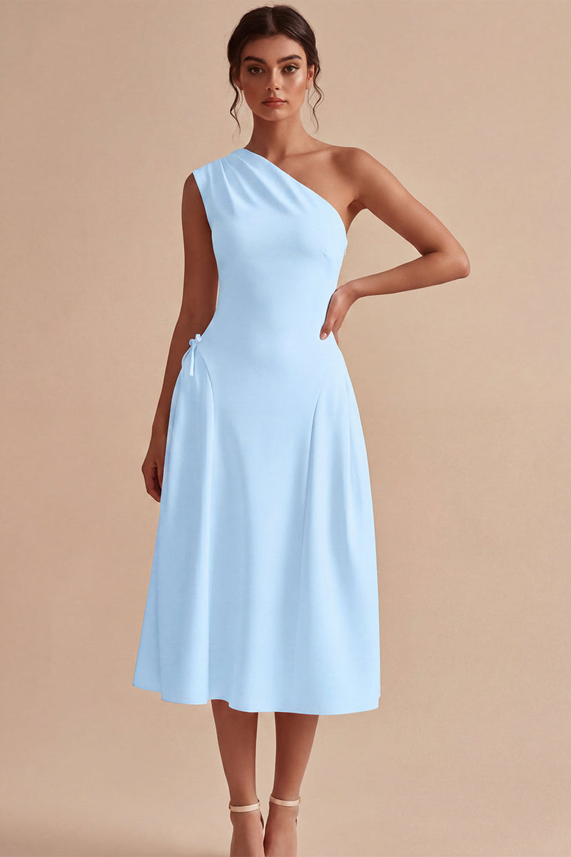 Load image into Gallery viewer, White One Shoulder A-Line Midi Engagement Dress with Bow