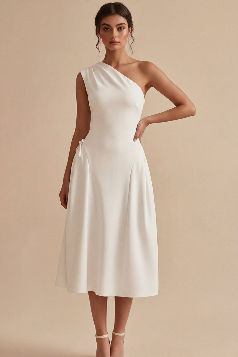 Load image into Gallery viewer, White One Shoulder A-Line Midi Engagement Dress with Bow
