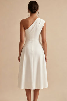 White One Shoulder A-Line Midi Engagement Dress with Bow