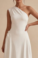 Load image into Gallery viewer, White One Shoulder A-Line Midi Engagement Dress with Bow