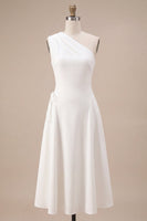 Load image into Gallery viewer, White One Shoulder A-Line Midi Engagement Dress with Bow