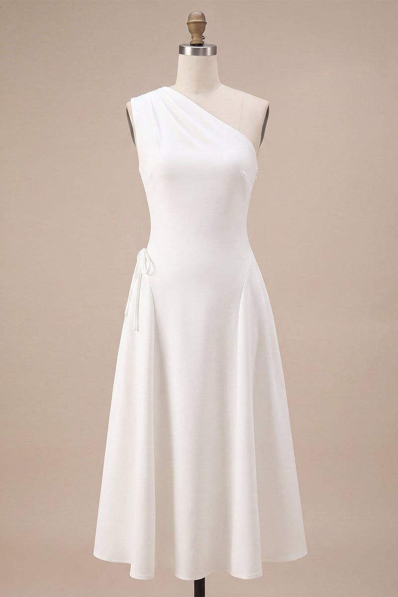 Load image into Gallery viewer, White One Shoulder A-Line Midi Engagement Dress with Bow