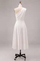 Load image into Gallery viewer, White One Shoulder A-Line Midi Engagement Dress with Bow