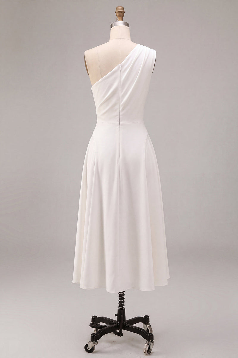 Load image into Gallery viewer, White One Shoulder A-Line Midi Engagement Dress with Bow