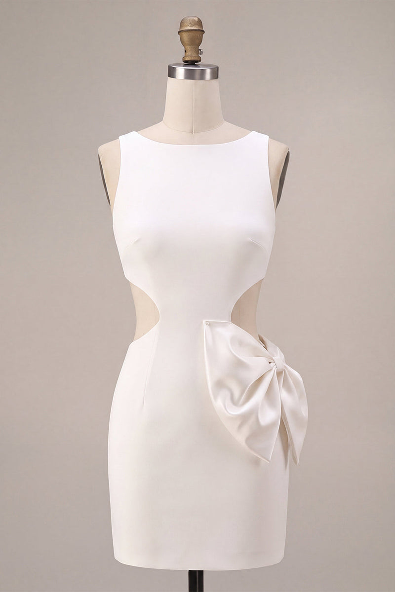 Load image into Gallery viewer, White Cut Out Round Neck Tight Short Graduation Dress with Bow