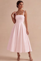 Load image into Gallery viewer, White Satin A-Line Ruched Square Neck Midi Engagement Dress