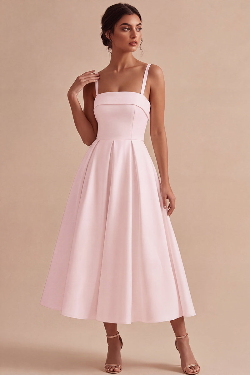 Load image into Gallery viewer, White Satin A-Line Ruched Square Neck Midi Engagement Dress