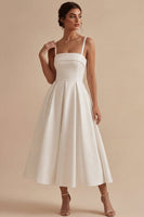 Load image into Gallery viewer, White Satin A-Line Ruched Square Neck Midi Engagement Dress