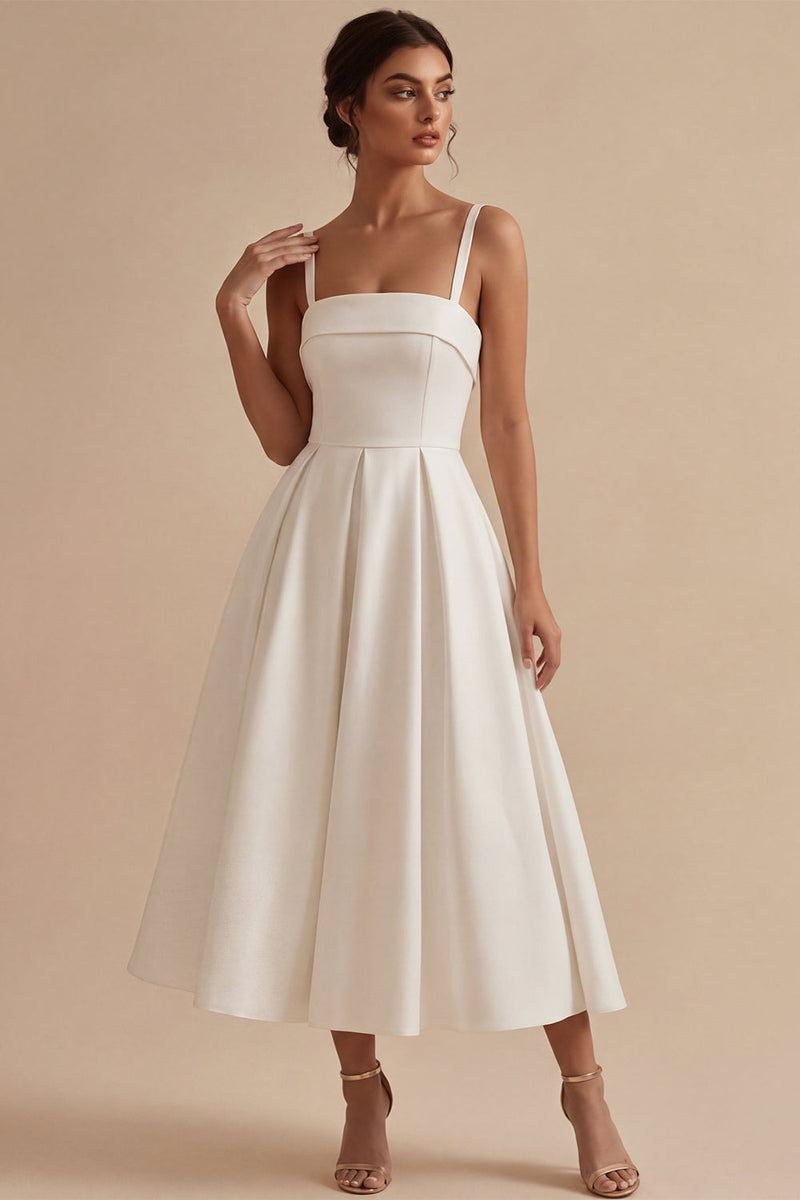 Load image into Gallery viewer, White Satin A-Line Ruched Square Neck Midi Engagement Dress