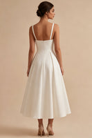 Load image into Gallery viewer, White Satin A-Line Ruched Square Neck Midi Engagement Dress