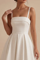 Load image into Gallery viewer, White Satin A-Line Ruched Square Neck Midi Engagement Dress