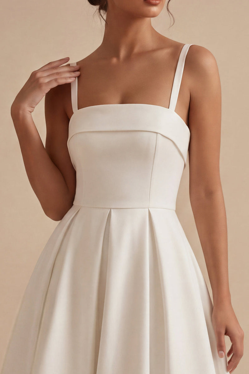 Load image into Gallery viewer, White Satin A-Line Ruched Square Neck Midi Engagement Dress