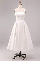 Load image into Gallery viewer, White Satin A-Line Ruched Square Neck Midi Engagement Dress
