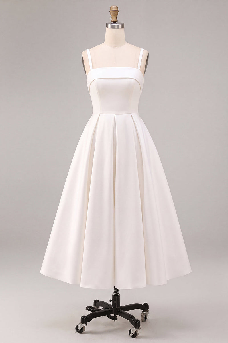 Load image into Gallery viewer, White Satin A-Line Ruched Square Neck Midi Engagement Dress