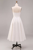 Load image into Gallery viewer, White Satin A-Line Ruched Square Neck Midi Engagement Dress
