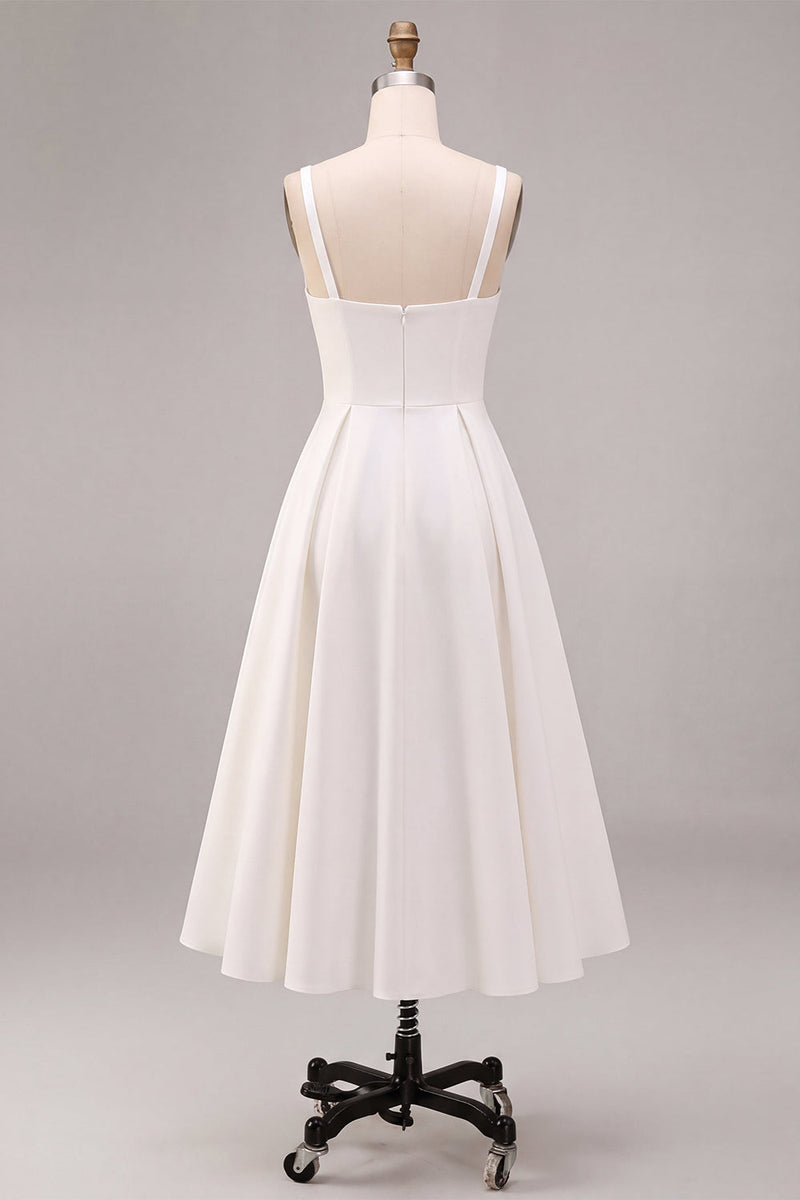 Load image into Gallery viewer, White Satin A-Line Ruched Square Neck Midi Engagement Dress