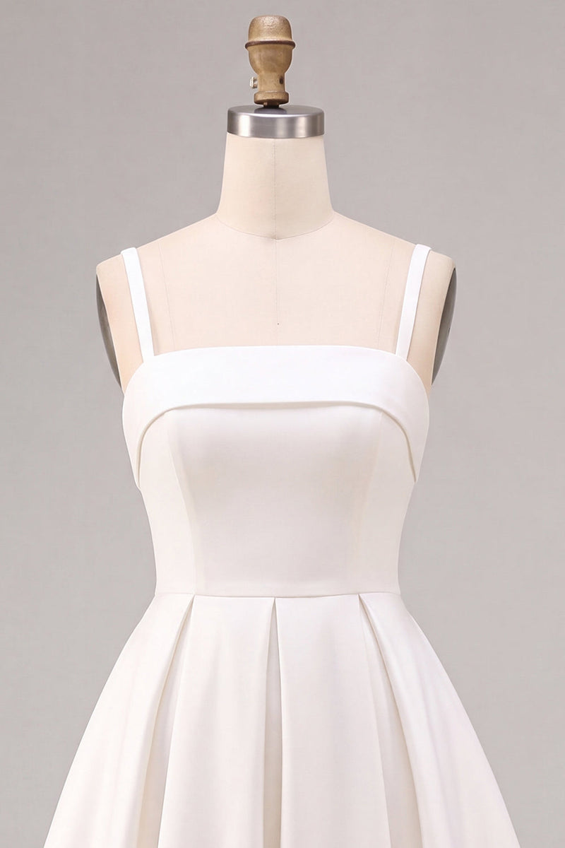 Load image into Gallery viewer, White Satin A-Line Ruched Square Neck Midi Engagement Dress