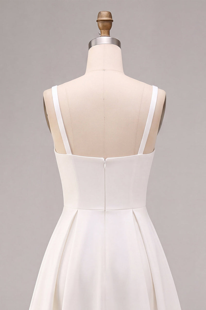 Load image into Gallery viewer, White Satin A-Line Ruched Square Neck Midi Engagement Dress
