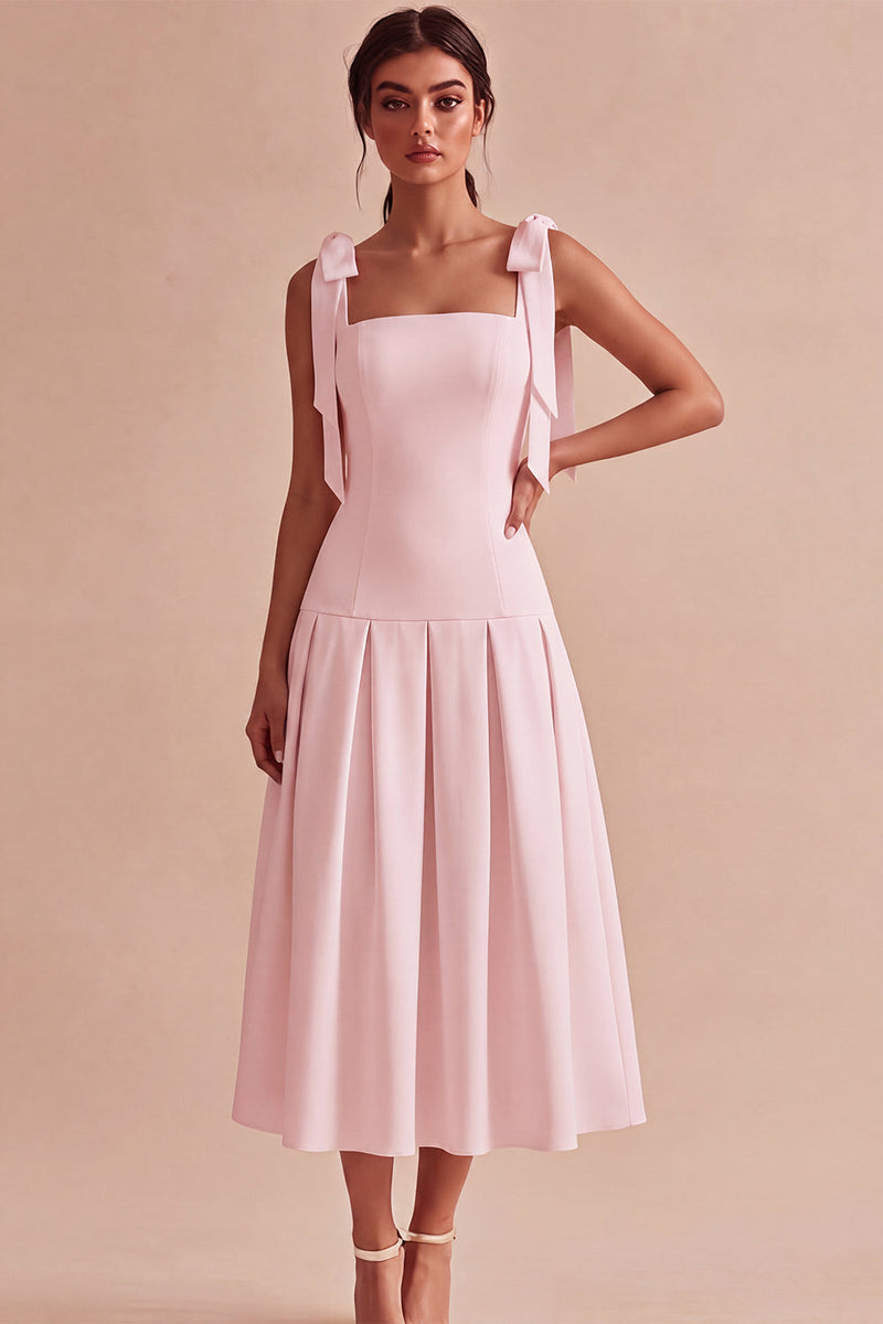 Load image into Gallery viewer, White A-Line Ruched Square Neck Midi Engagement Dress with Bows