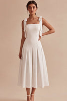 Load image into Gallery viewer, White A-Line Ruched Square Neck Midi Engagement Dress with Bows