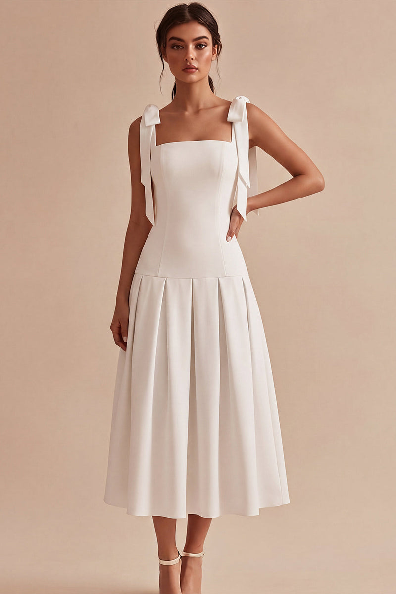 Load image into Gallery viewer, White A-Line Ruched Square Neck Midi Engagement Dress with Bows