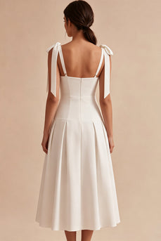 White A-Line Ruched Square Neck Midi Engagement Dress with Bows