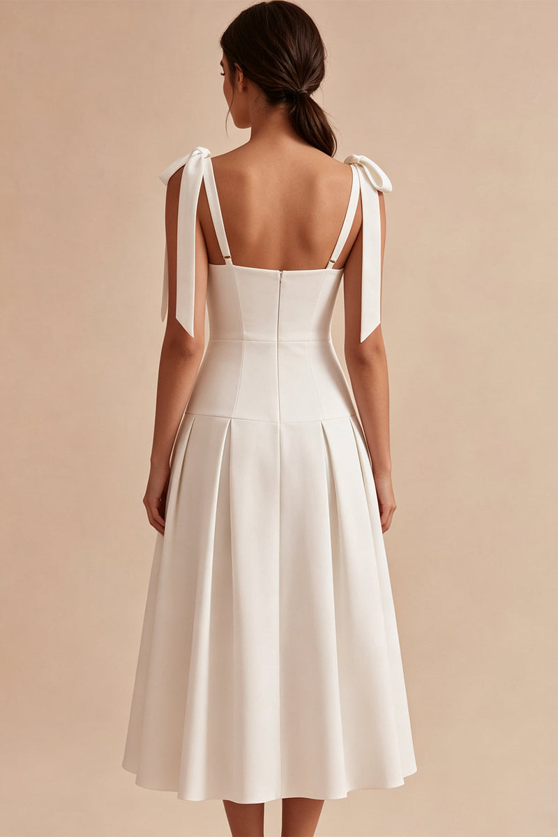 Load image into Gallery viewer, White A-Line Ruched Square Neck Midi Engagement Dress with Bows