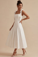 Load image into Gallery viewer, White A-Line Ruched Square Neck Midi Engagement Dress with Bows