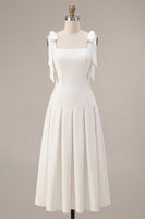Load image into Gallery viewer, White A-Line Ruched Square Neck Midi Engagement Dress with Bows