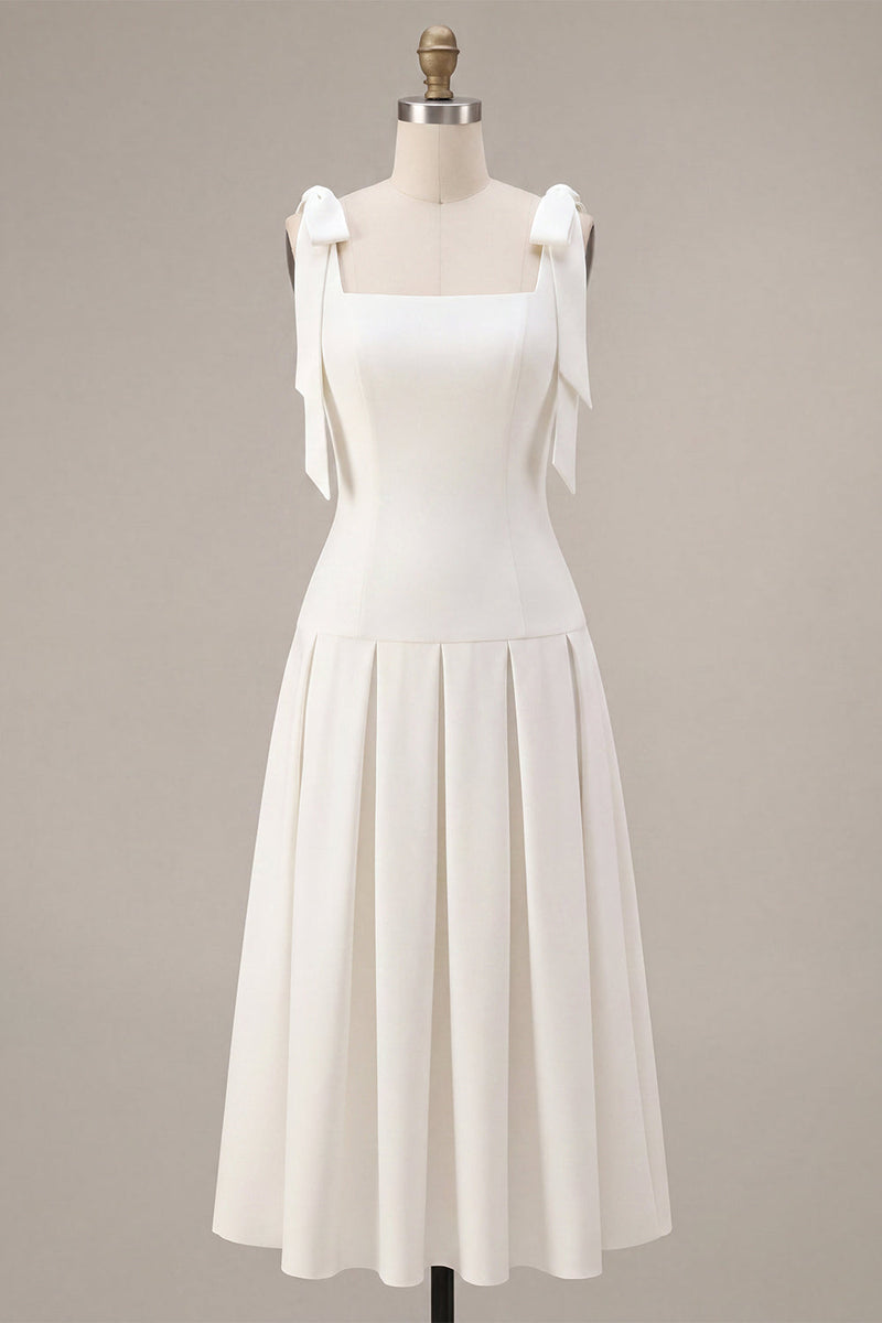 Load image into Gallery viewer, White A-Line Ruched Square Neck Midi Engagement Dress with Bows