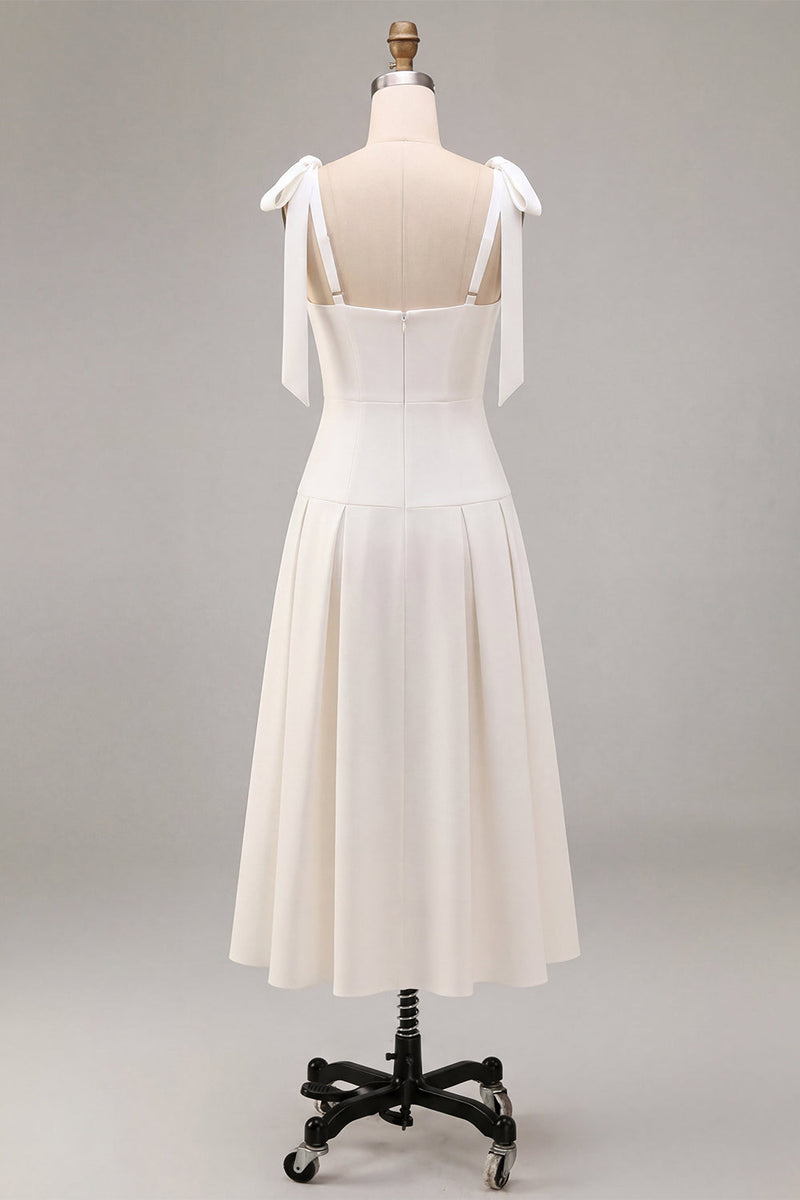 Load image into Gallery viewer, White A-Line Ruched Square Neck Midi Engagement Dress with Bows