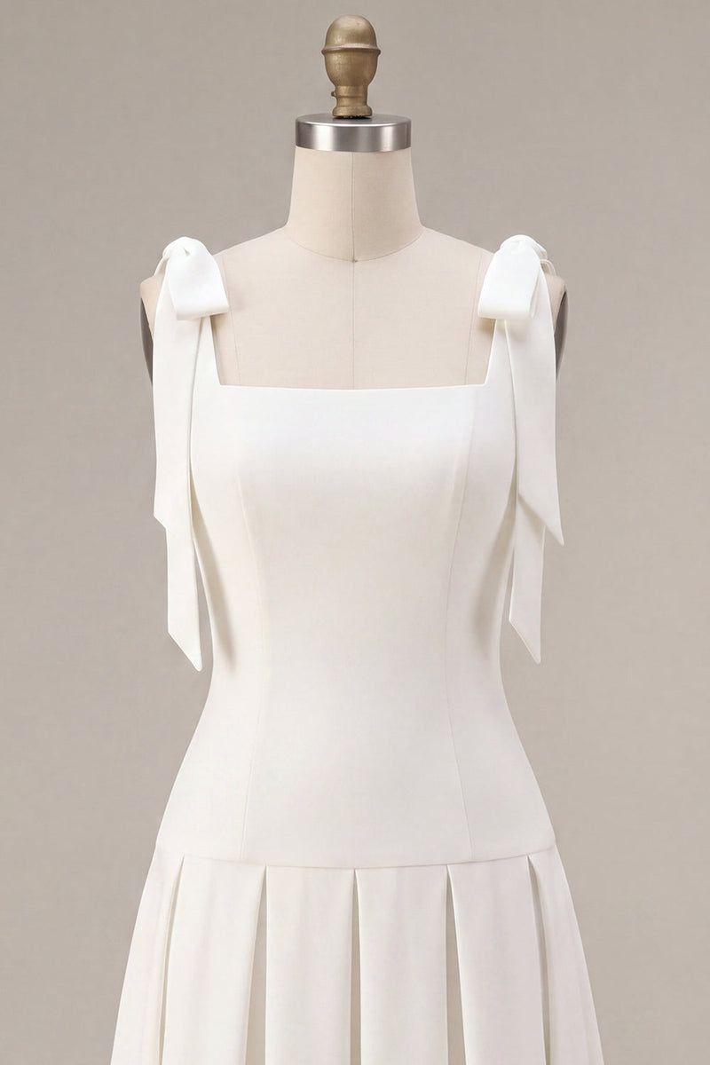 Load image into Gallery viewer, White A-Line Ruched Square Neck Midi Engagement Dress with Bows