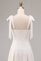 Load image into Gallery viewer, White A-Line Ruched Square Neck Midi Engagement Dress with Bows