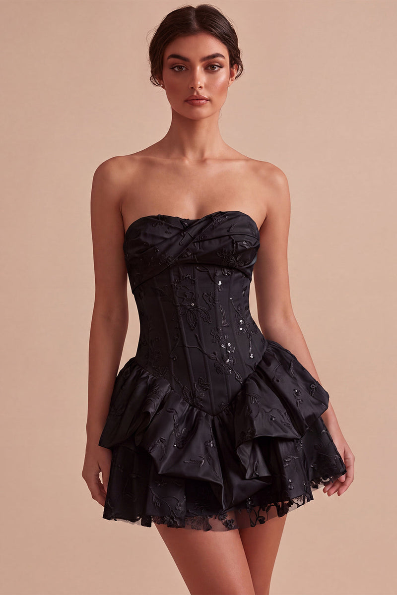 Load image into Gallery viewer, White Floral Ruffled Strapless A Line Mini Corset Graduation Dress
