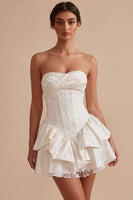 Load image into Gallery viewer, White Floral Ruffled Strapless A Line Mini Corset Graduation Dress
