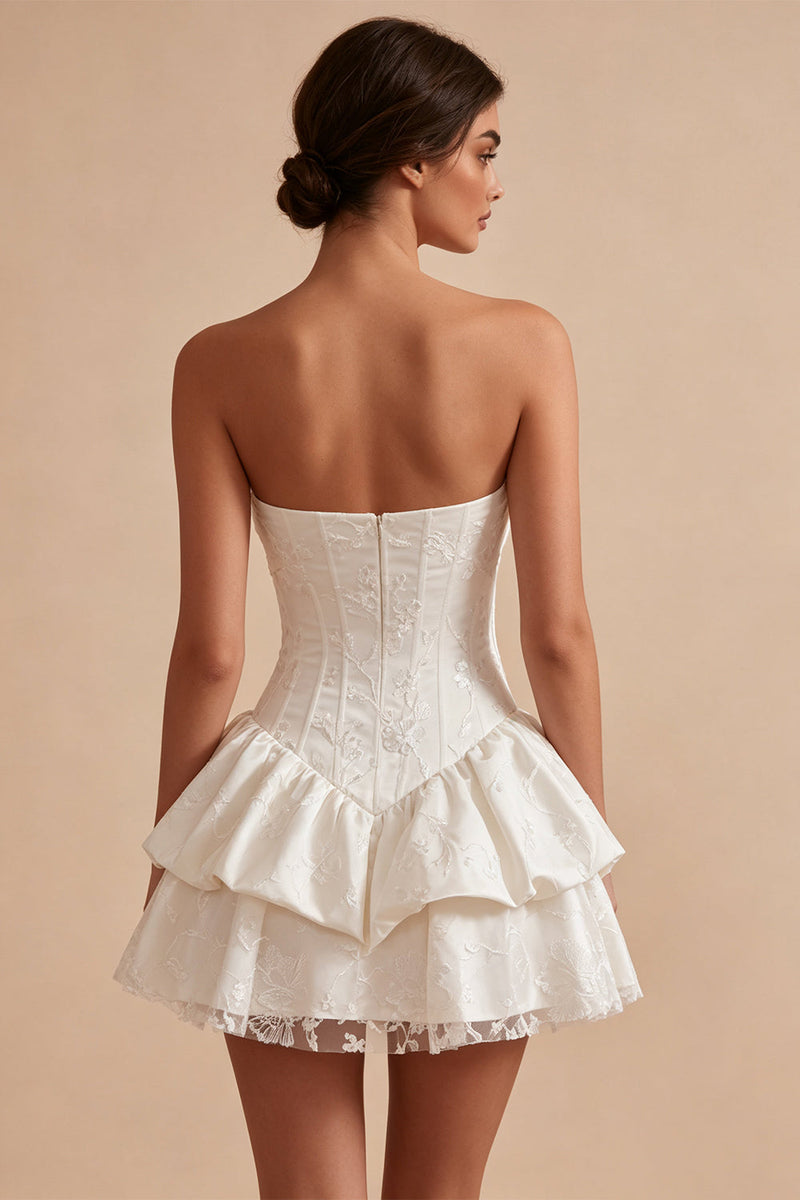 Load image into Gallery viewer, White Floral Ruffled Strapless A Line Mini Corset Graduation Dress