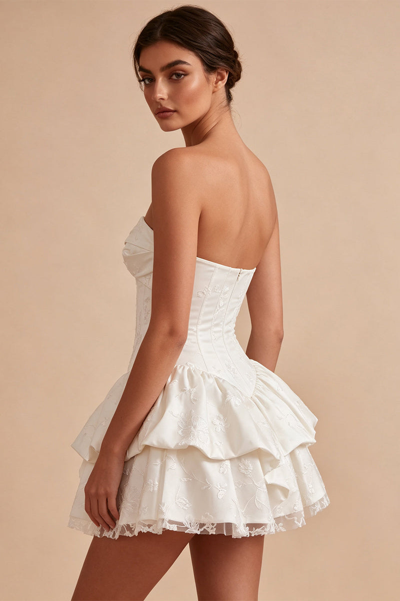 Load image into Gallery viewer, White Floral Ruffled Strapless A Line Mini Corset Graduation Dress