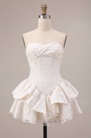 Load image into Gallery viewer, White Floral Ruffled Strapless A Line Mini Corset Graduation Dress