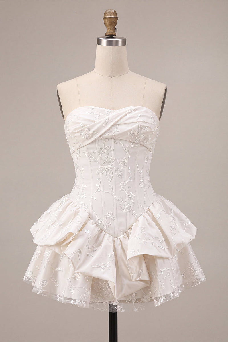 Load image into Gallery viewer, White Floral Ruffled Strapless A Line Mini Corset Graduation Dress