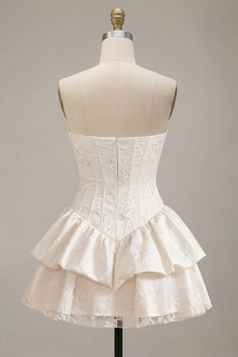 Load image into Gallery viewer, White Floral Ruffled Strapless A Line Mini Corset Graduation Dress