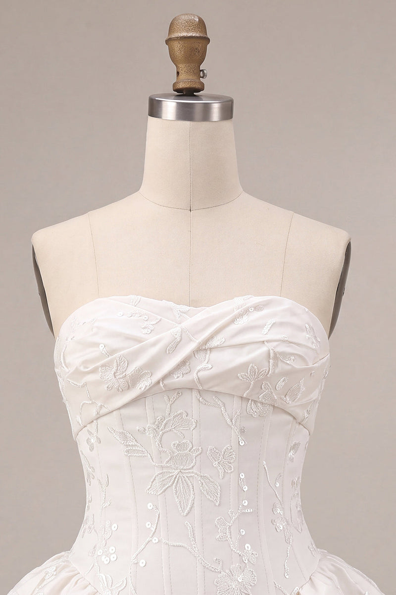Load image into Gallery viewer, White Floral Ruffled Strapless A Line Mini Corset Graduation Dress