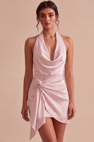 Load image into Gallery viewer, Black Tight Cowl Neck Halter Short Graduation Dress with Sash