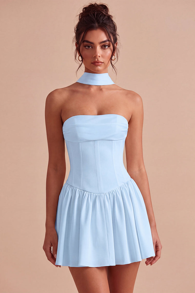 Load image into Gallery viewer, White Corset Strapless A Line Short Graduation Dress with Neck Scarf