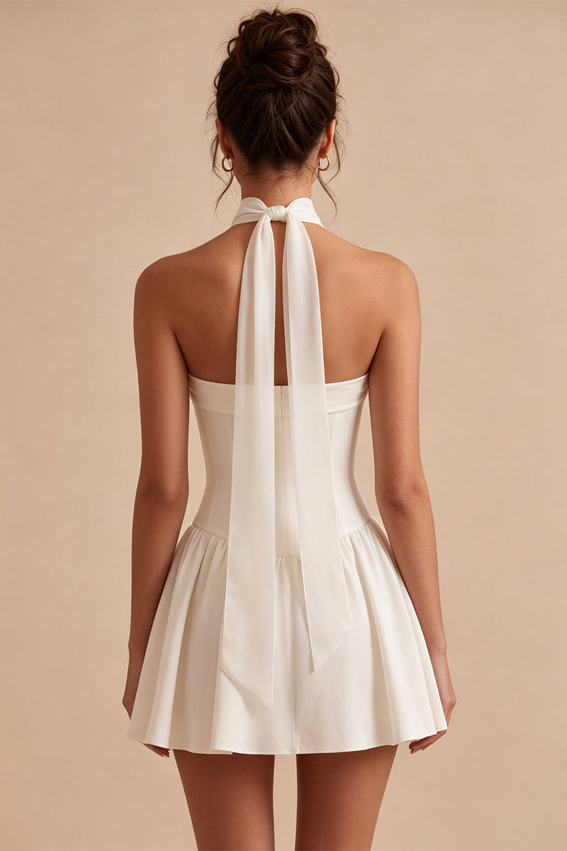 Load image into Gallery viewer, White Corset Strapless A Line Short Graduation Dress with Neck Scarf