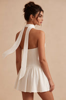 Load image into Gallery viewer, White Corset Strapless A Line Short Graduation Dress with Neck Scarf