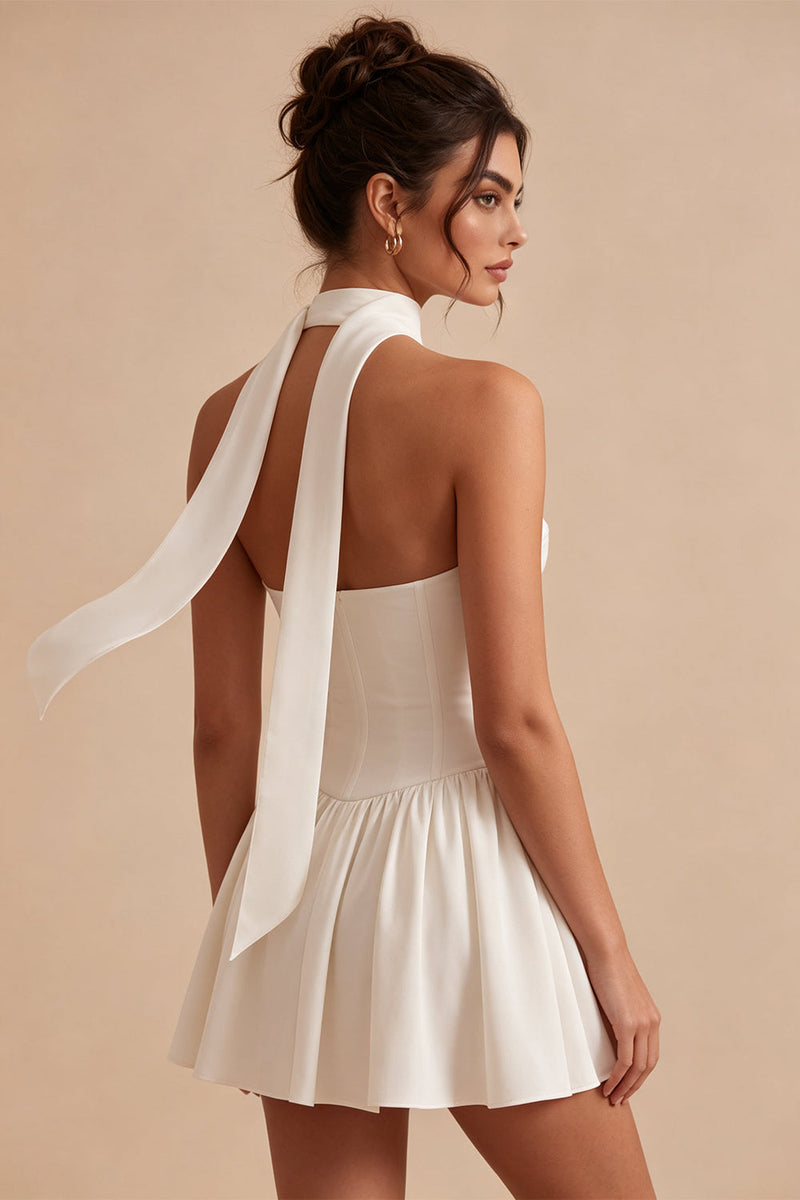 Load image into Gallery viewer, White Corset Strapless A Line Short Graduation Dress with Neck Scarf
